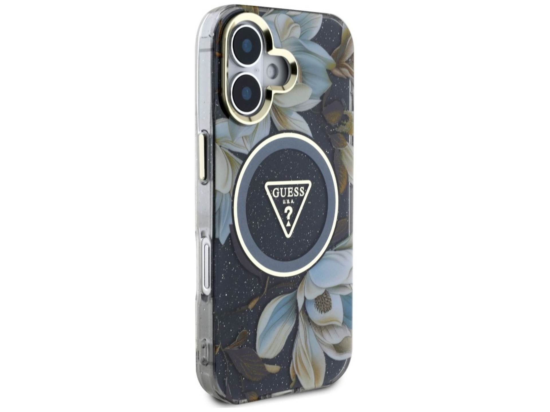 Capa MagSafe Guess com Flores Brilhantes e Botões Triangulares para iPhone 16, preta