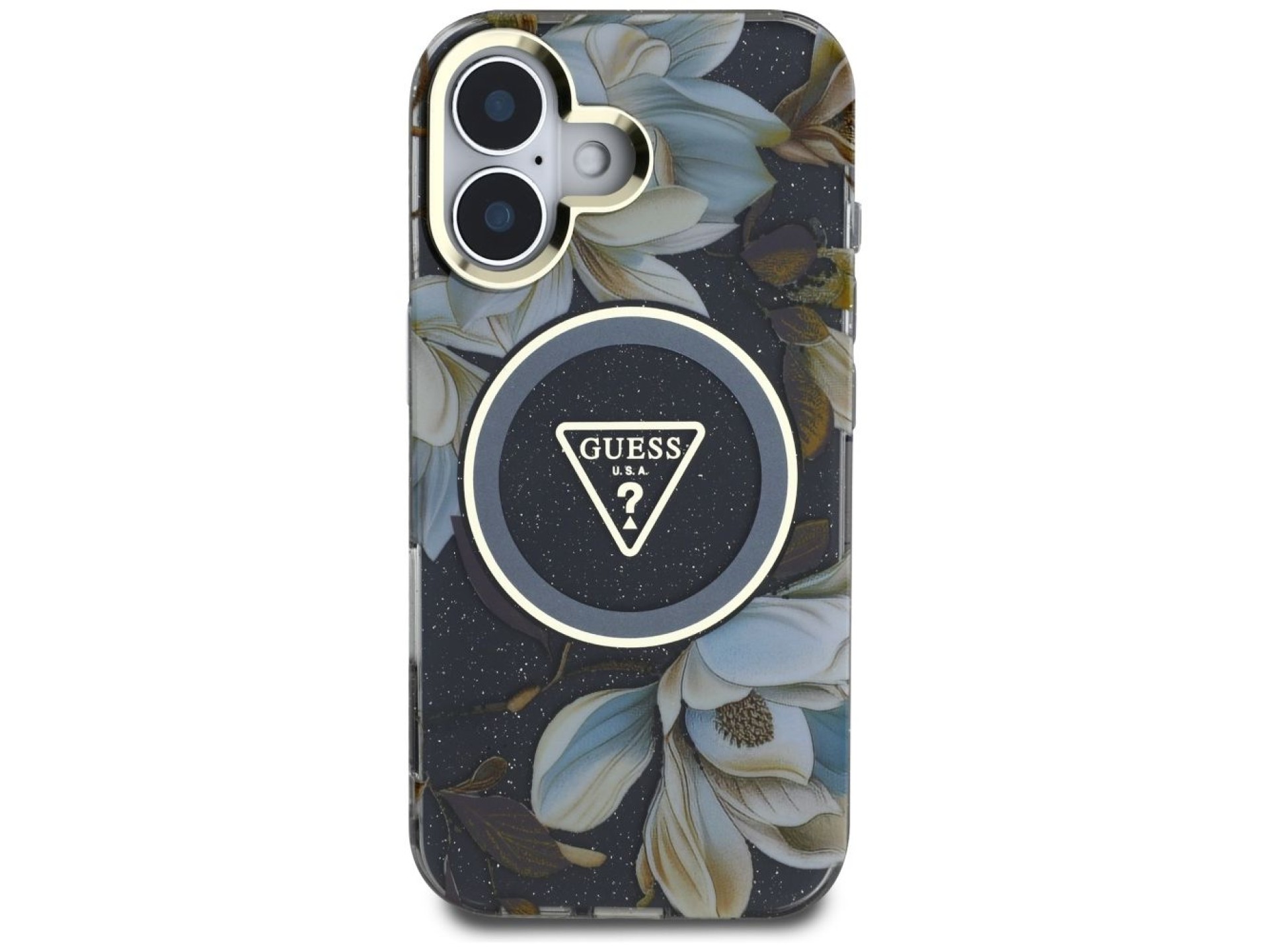 Capa MagSafe Guess com Flores Brilhantes e Botões Triangulares para iPhone 16, preta