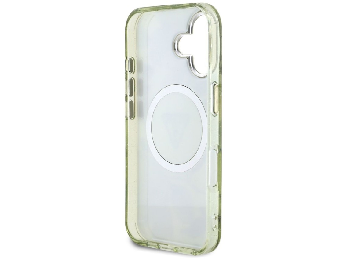 Capa Guess com glitter, flores e botões triangulares para iPhone 16, cor verde.
