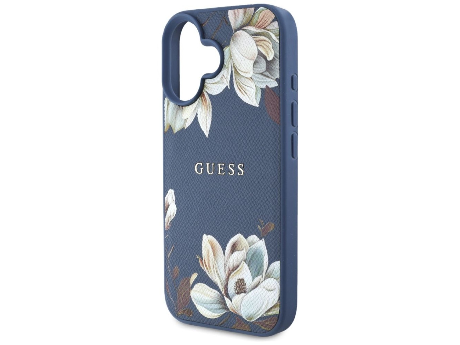 Guess Grained Printed Flower Pattern MagSafe case for iPhone 16 blue
