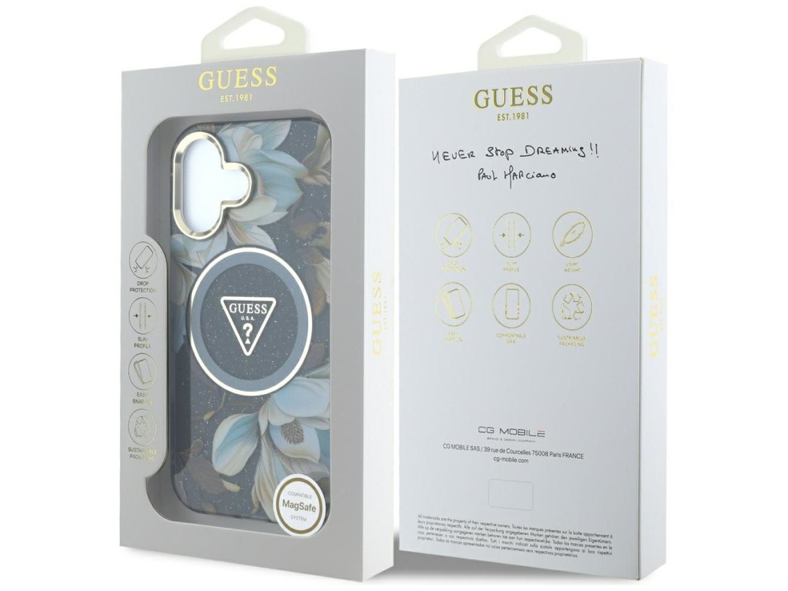Capa MagSafe Guess com Flores Brilhantes e Botões Triangulares para iPhone 16, preta