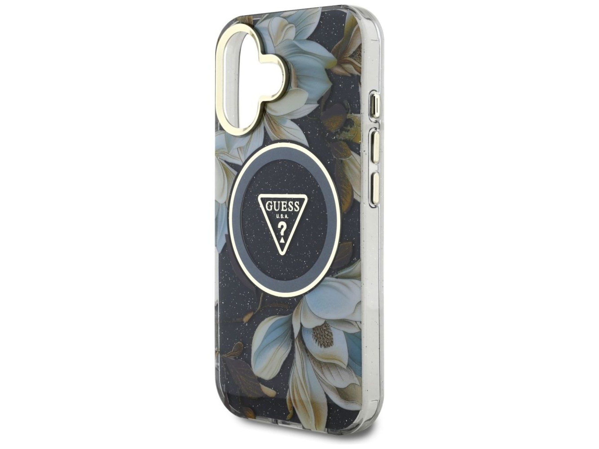 Capa MagSafe Guess com Flores Brilhantes e Botões Triangulares para iPhone 16, preta