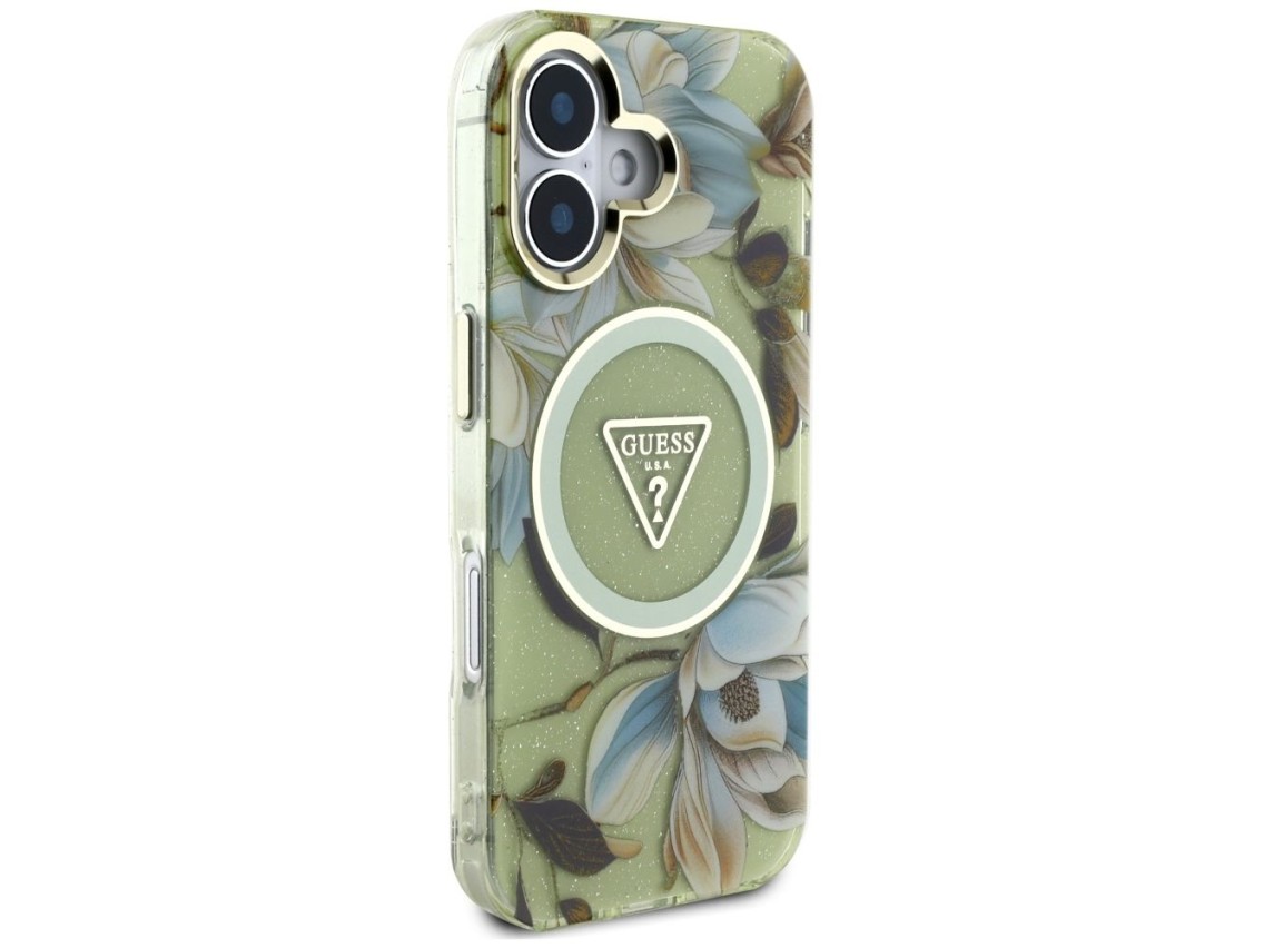 Capa Guess com glitter, flores e botões triangulares para iPhone 16, cor verde.