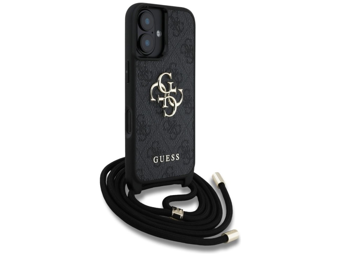 Capa transversal Guess 4G com logo grande e alça de cordão para iPhone 16, preta.