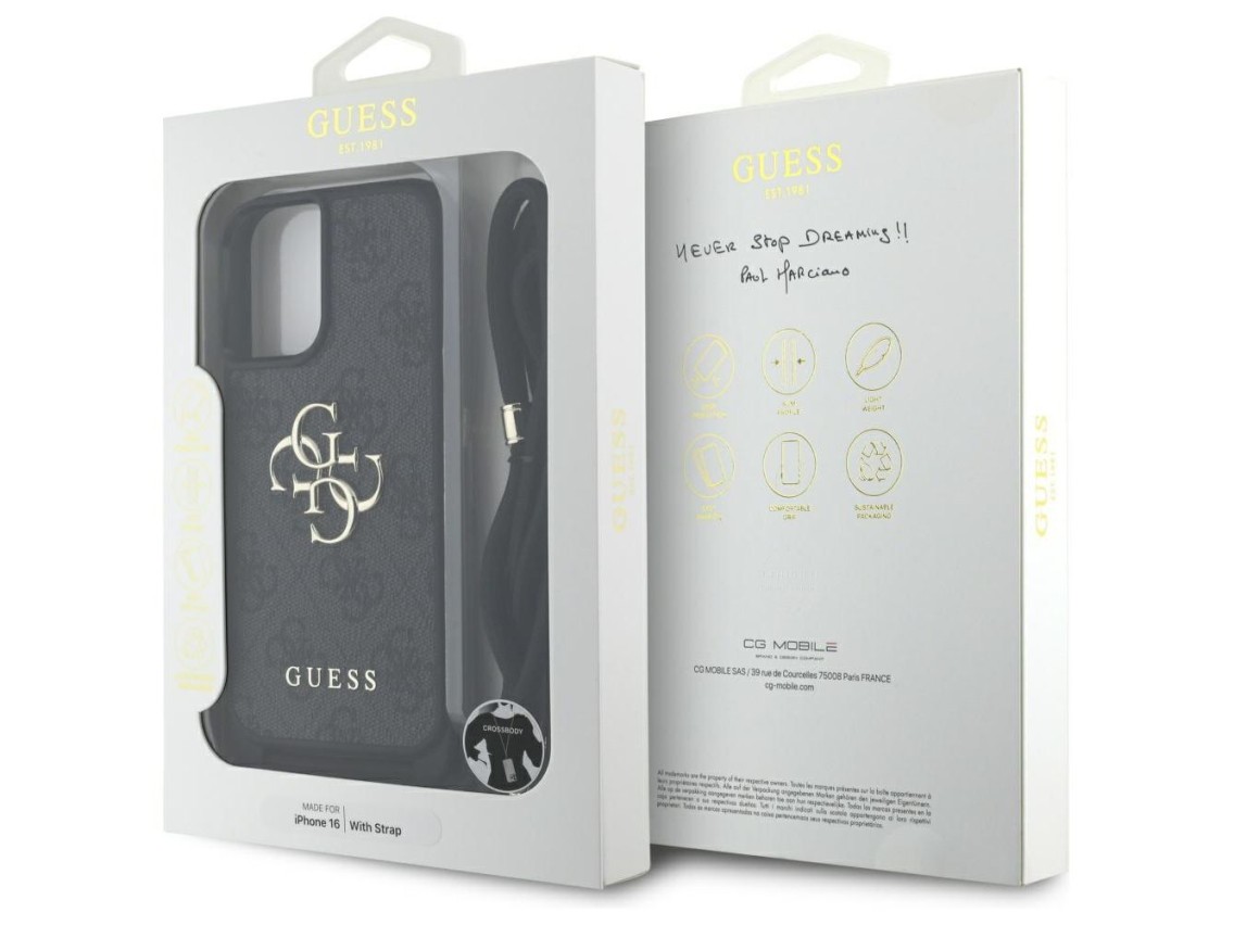 Capa transversal Guess 4G com logo grande e alça de cordão para iPhone 16, preta.