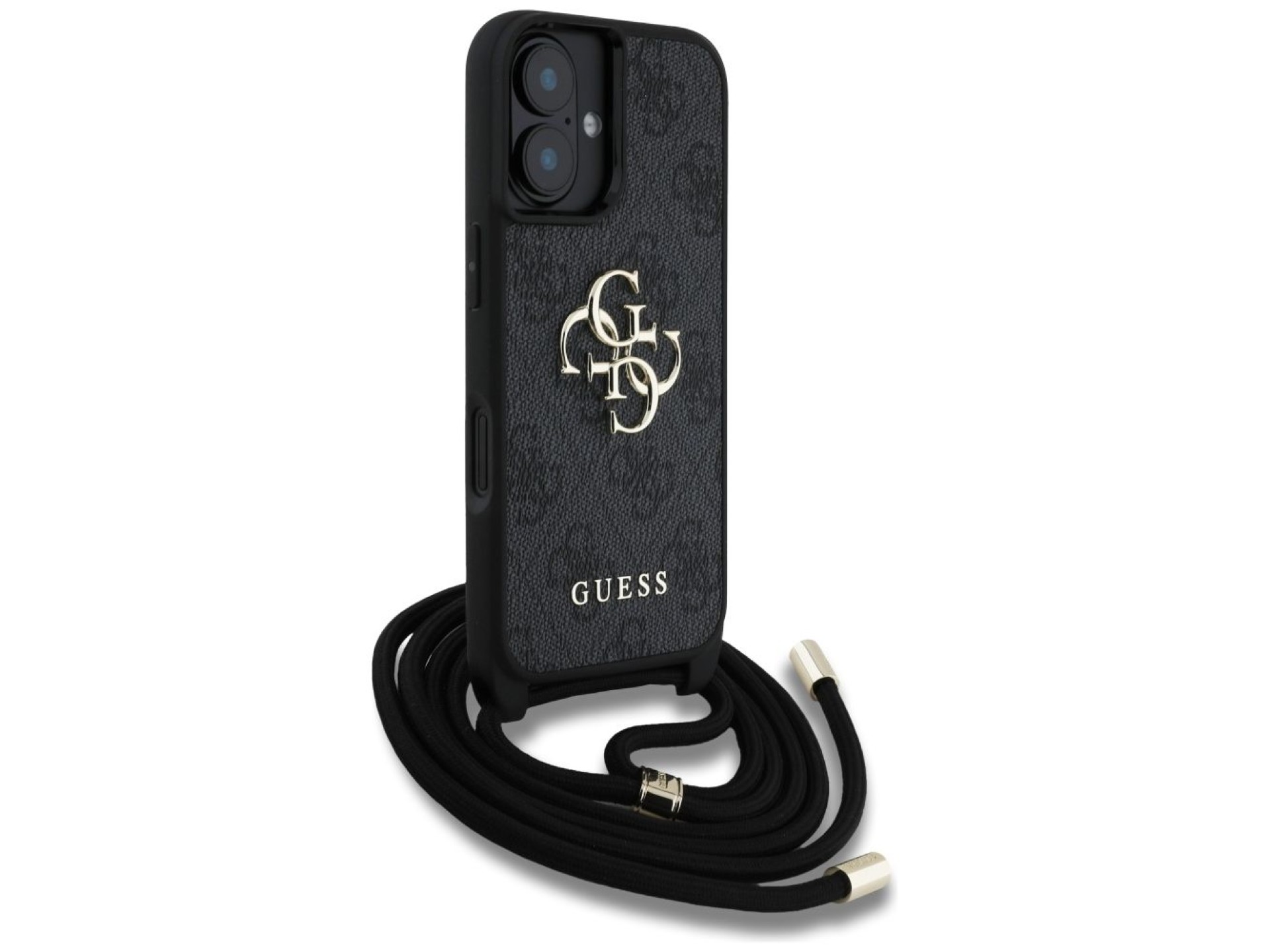 Capa transversal Guess 4G com logo grande e alça de cordão para iPhone 16, preta.