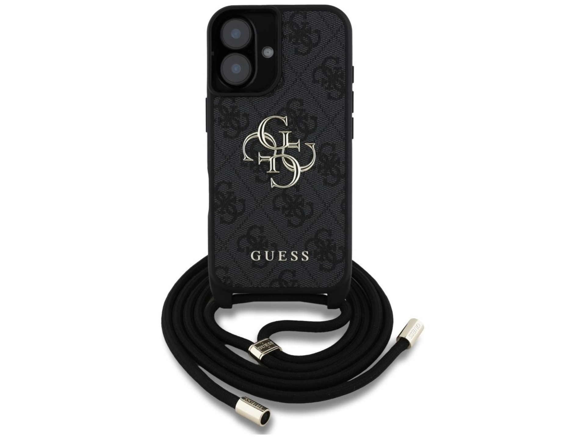 Guess 4G Big Logo Cord Stap Crossbody Case for iPhone 16 Plus Black