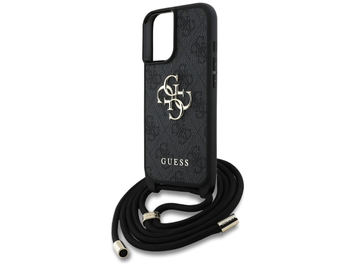 Guess 4G Big Logo Cord Stap Crossbody Case for iPhone 16 Plus Black