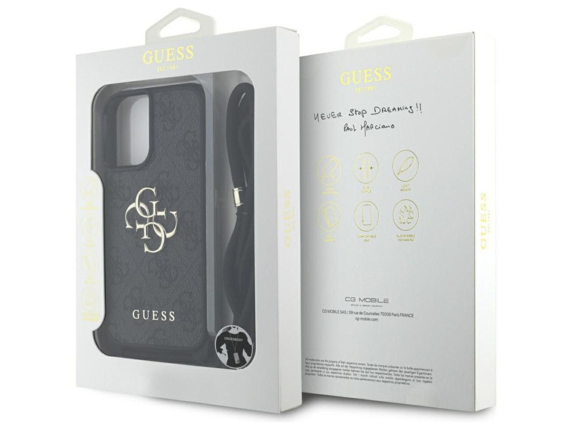 Guess 4G Big Logo Cord Stap Crossbody Case for iPhone 16 Plus Black