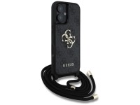 Capa transversal Guess 4G com logo grande e alça de cordão para iPhone 16, preta. Capa transversal Guess 4G com logo grande e alça de cordão para iPhone 16, preta.