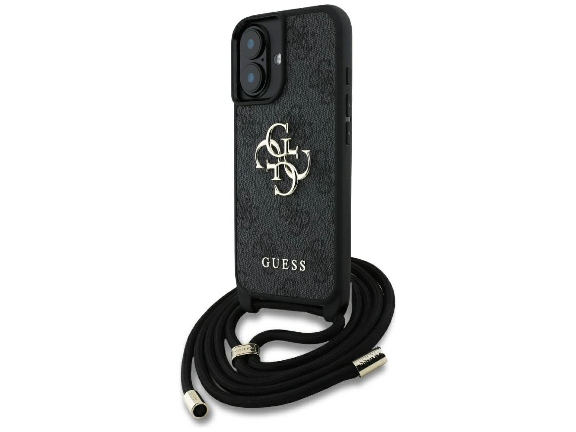 Capa transversal Guess 4G com logo grande e alça de cordão para iPhone 16, preta.