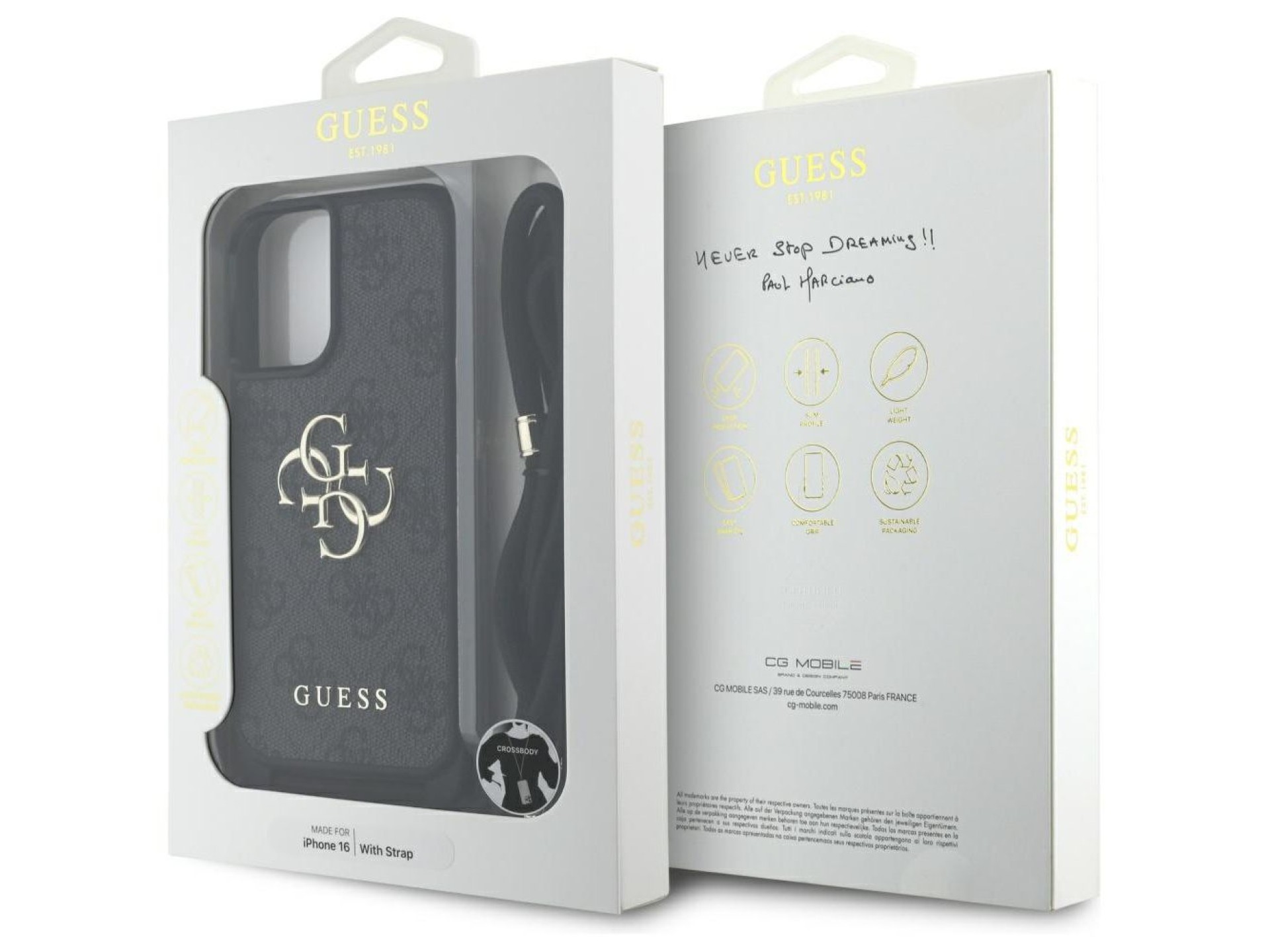 Capa transversal Guess 4G com logo grande e alça de cordão para iPhone 16, preta.
