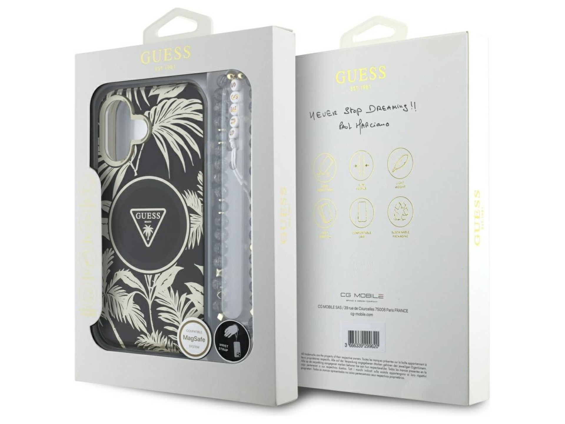 Capa Guess Palm Trees Triangle Pearl Strap MagSafe para iPhone 16 preta