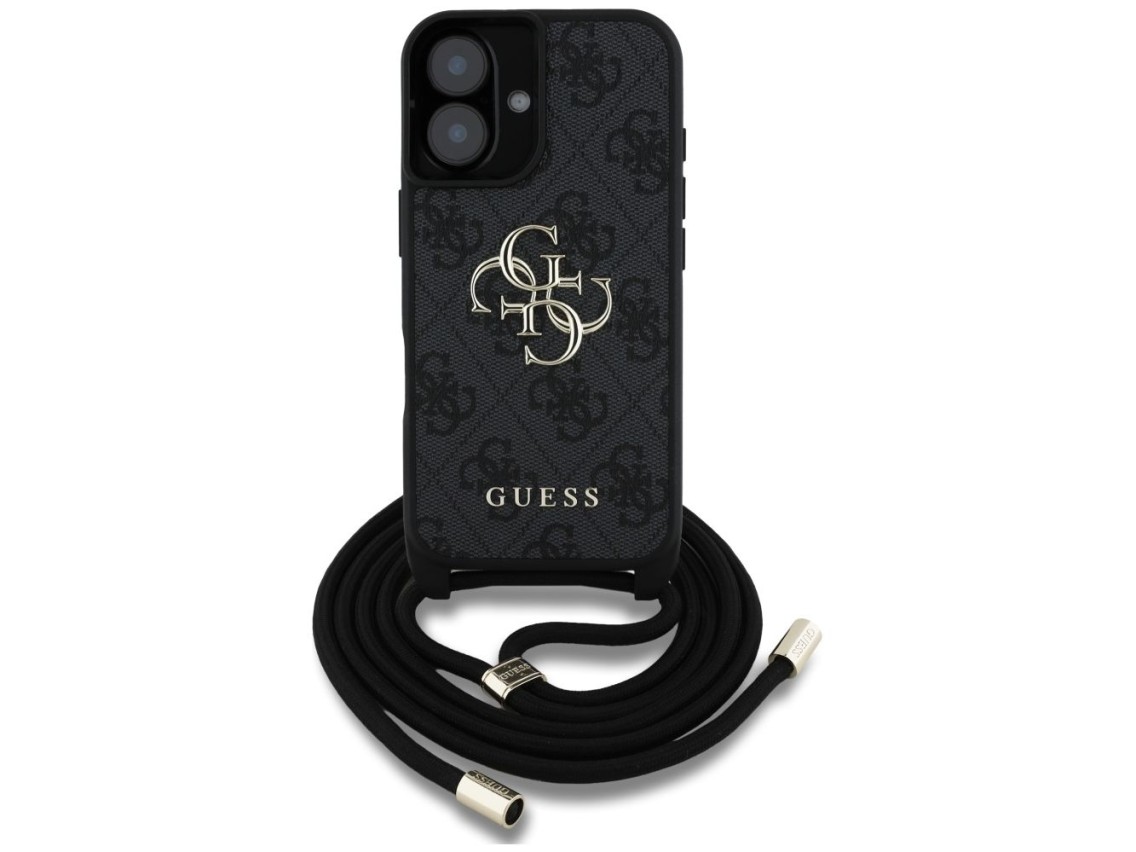 Guess 4G Big Logo Cord Stap Crossbody Case for iPhone 16 Plus Black