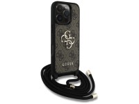 Capa transversal Guess 4G com logo grande e al�a de cord�o para iPhone 16 Pro Max, marrom.