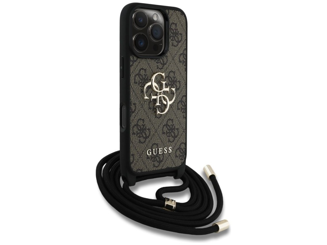 Capa transversal Guess 4G com logo grande e alça de cordão para iPhone 16 Pro, marrom.