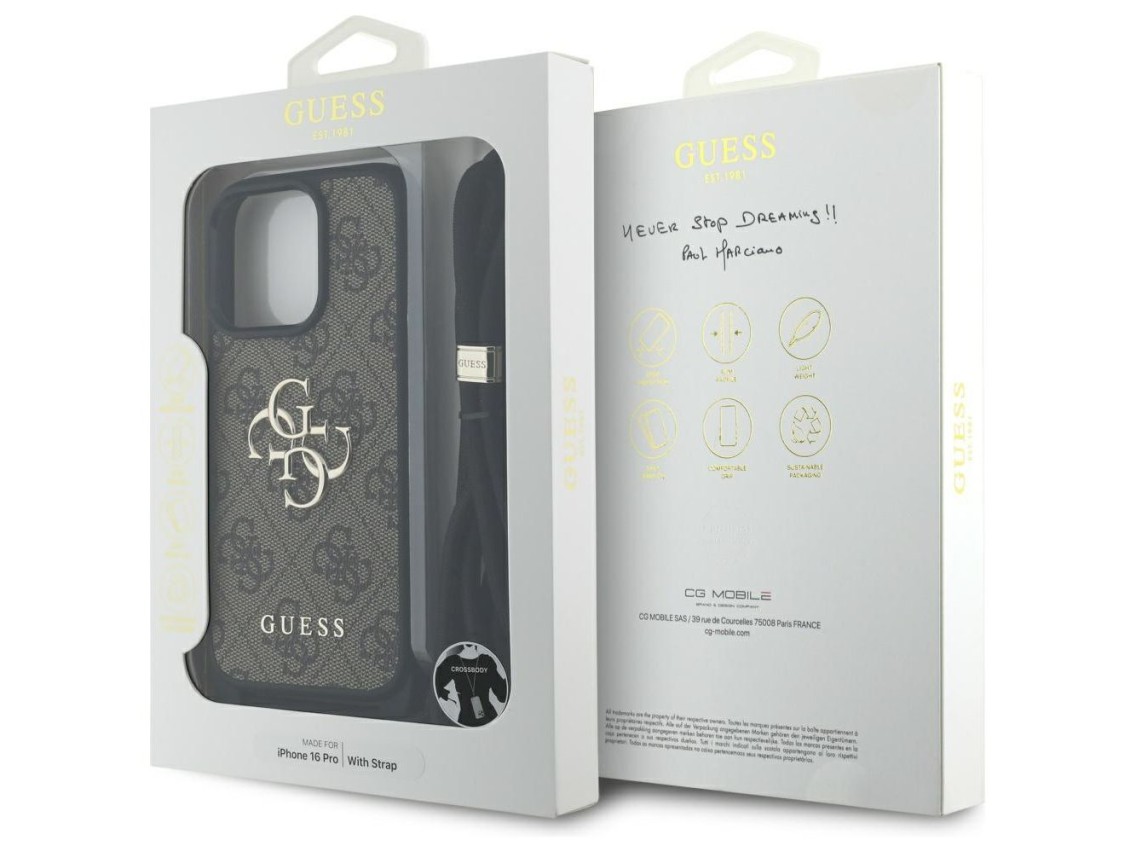 Capa transversal Guess 4G com logo grande e alça de cordão para iPhone 16 Pro, marrom.