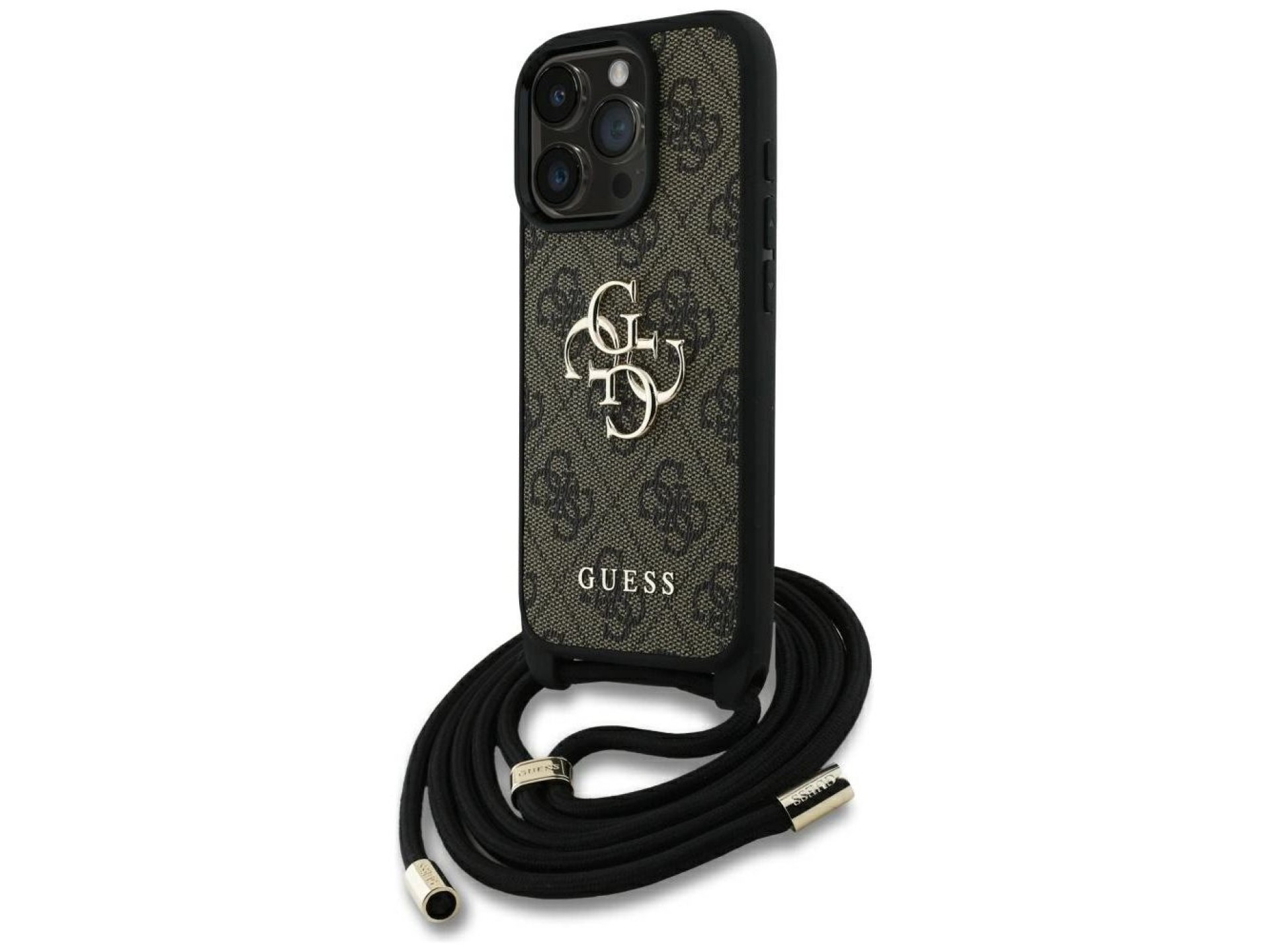 Capa transversal Guess 4G com logo grande e alça de cordão para iPhone 16 Pro Max, marrom.