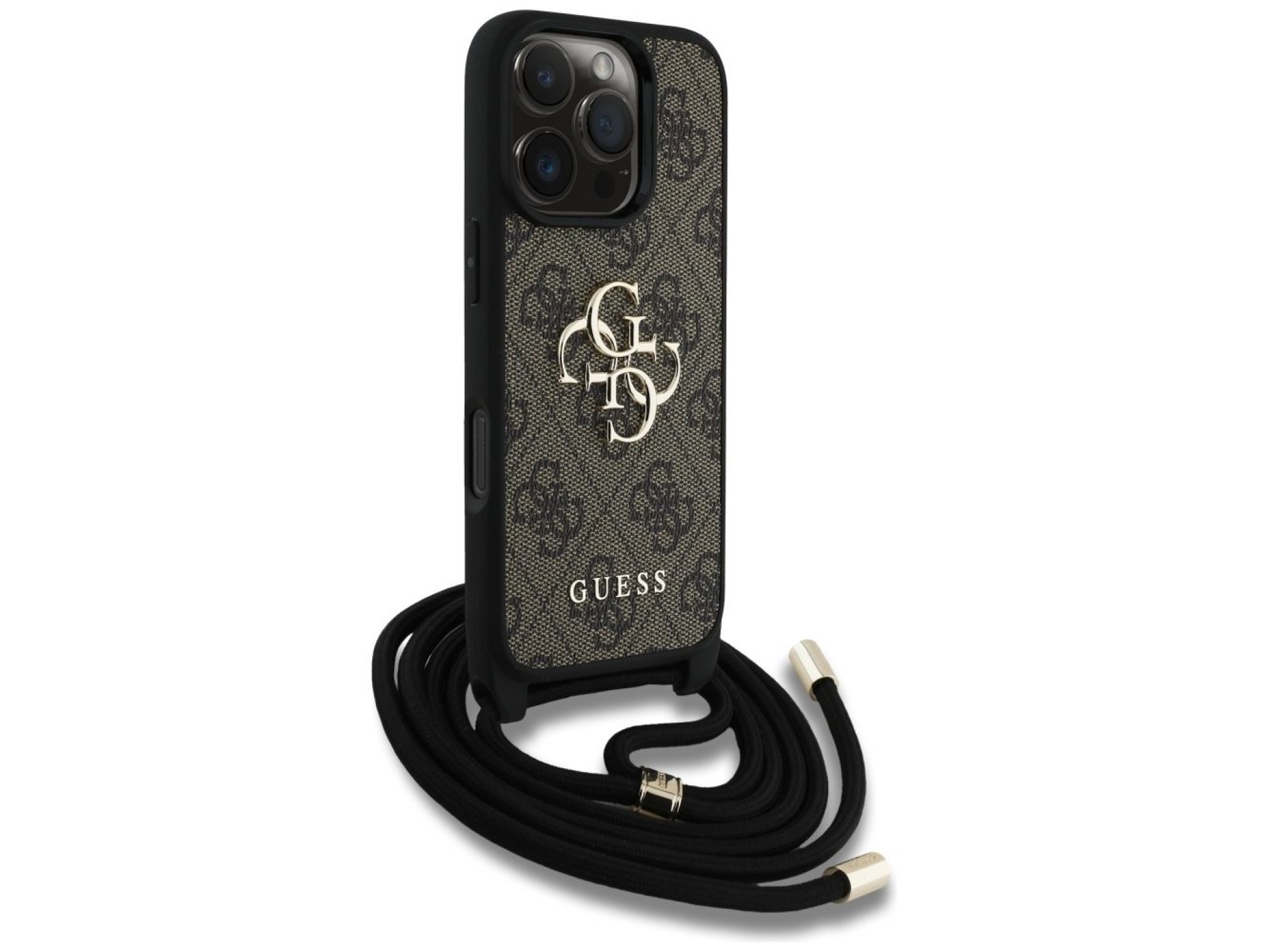 Capa transversal Guess 4G com logo grande e alça de cordão para iPhone 16 Pro, marrom.