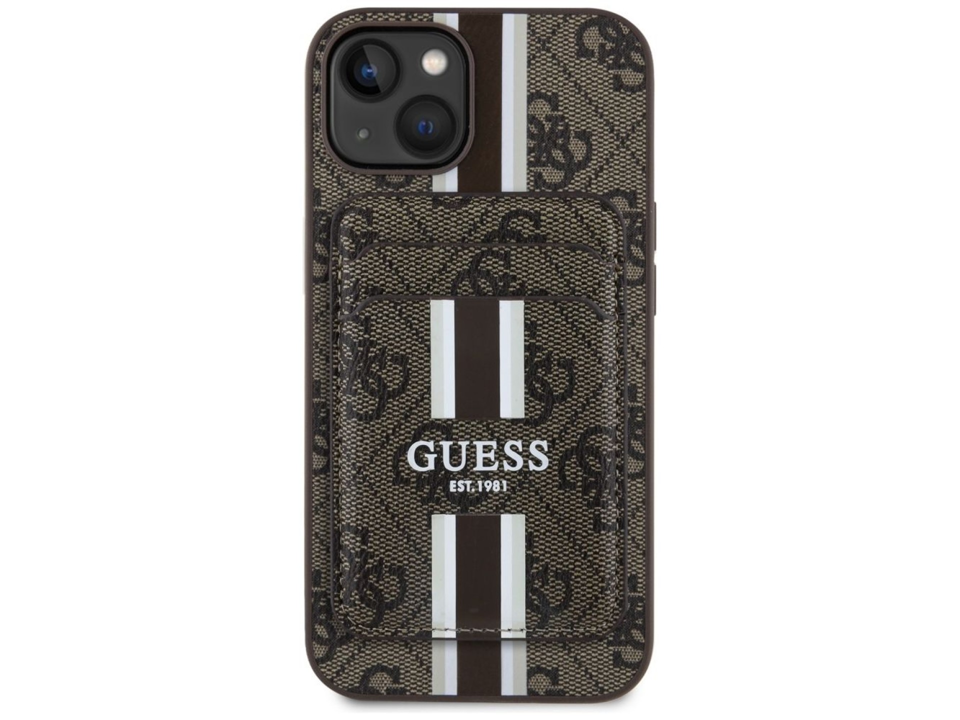Capa Guess 4G Stripes com carteira Magsafe para iPhone 15 marrom