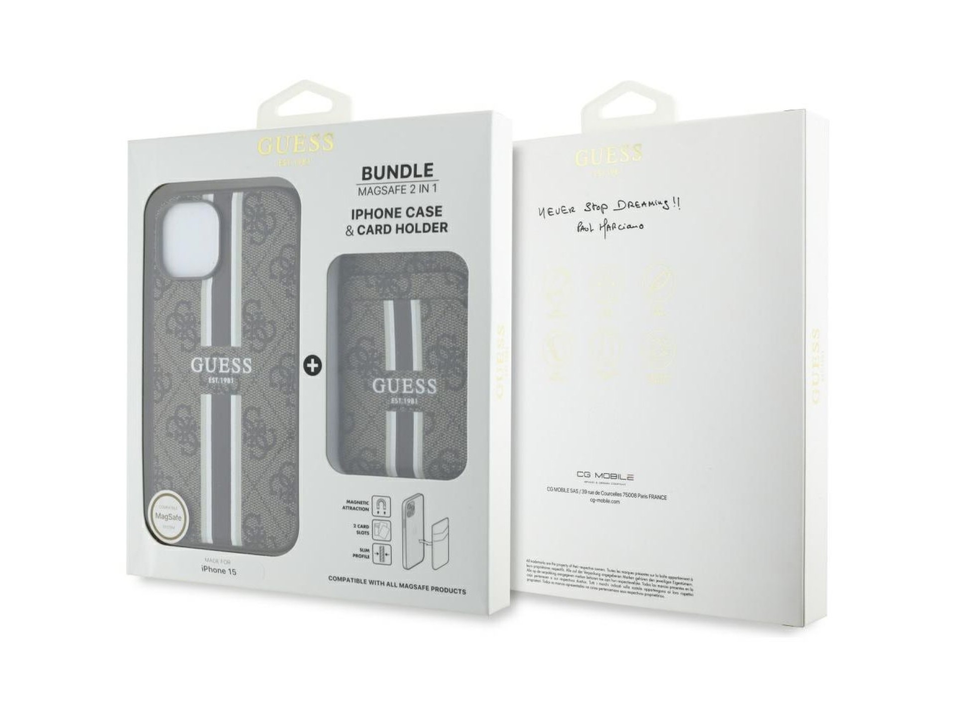 Capa Guess 4G Stripes com carteira Magsafe para iPhone 15 marrom
