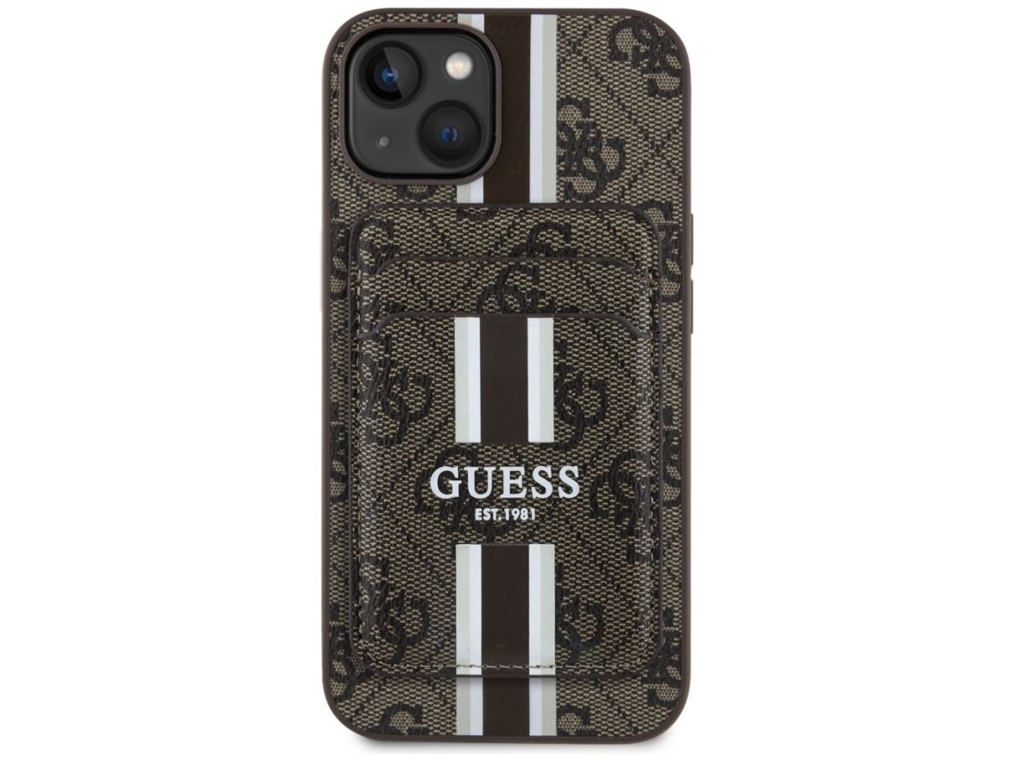 Capa Guess 4G Stripes com carteira Magsafe para iPhone 15 marrom