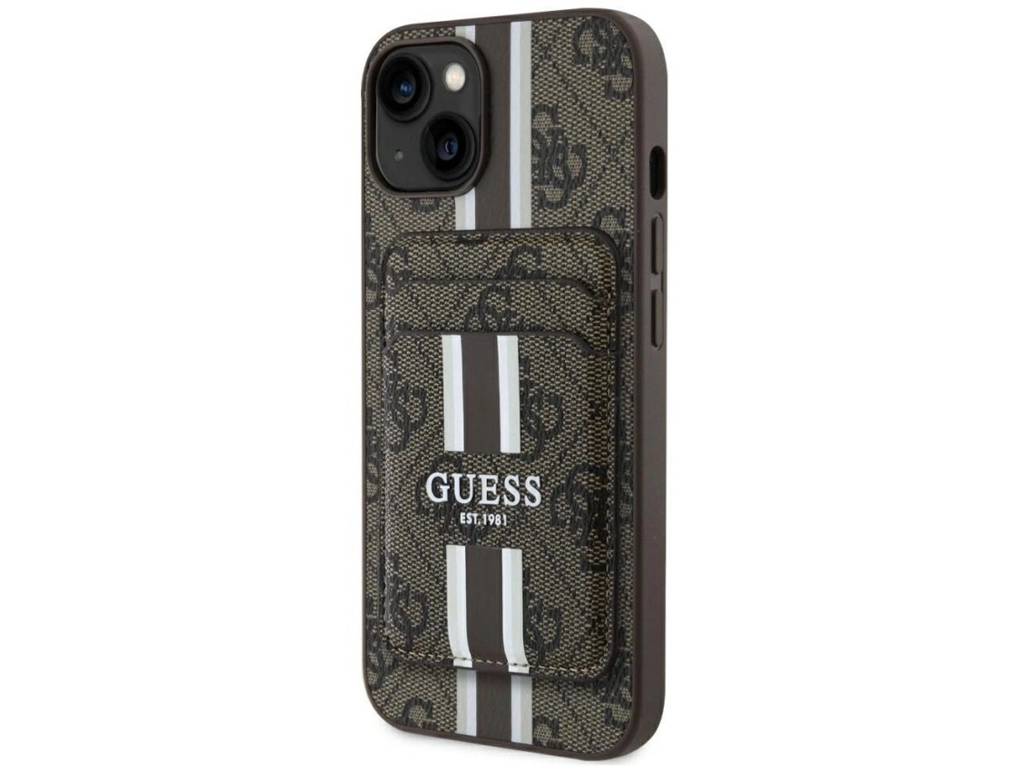 Capa Guess 4G Stripes com carteira Magsafe para iPhone 15 marrom
