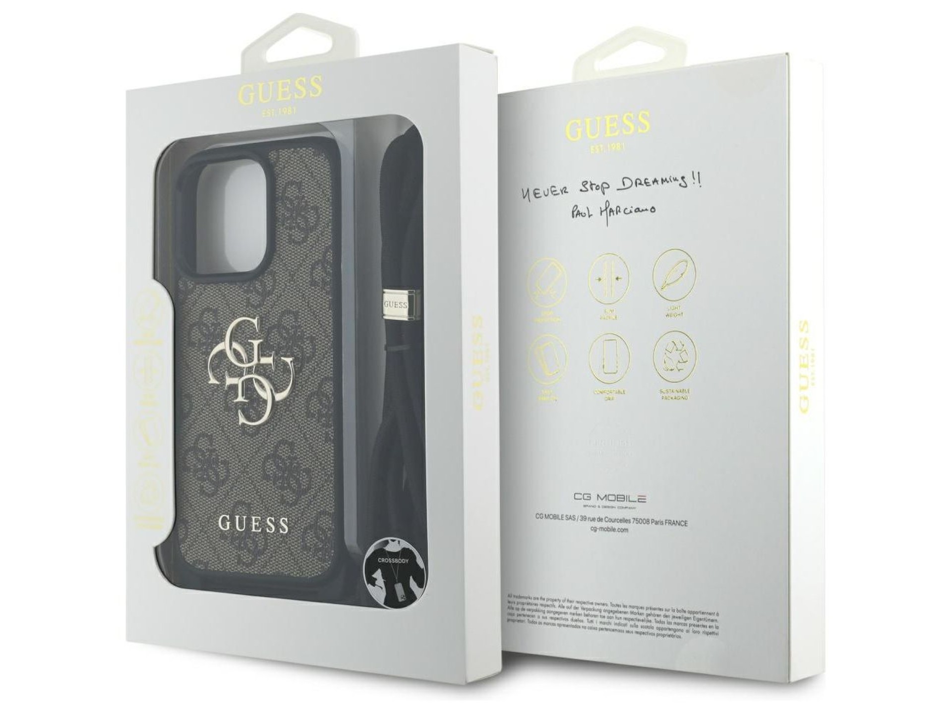 Capa transversal Guess 4G com logo grande e alça de cordão para iPhone 16 Pro Max, marrom.