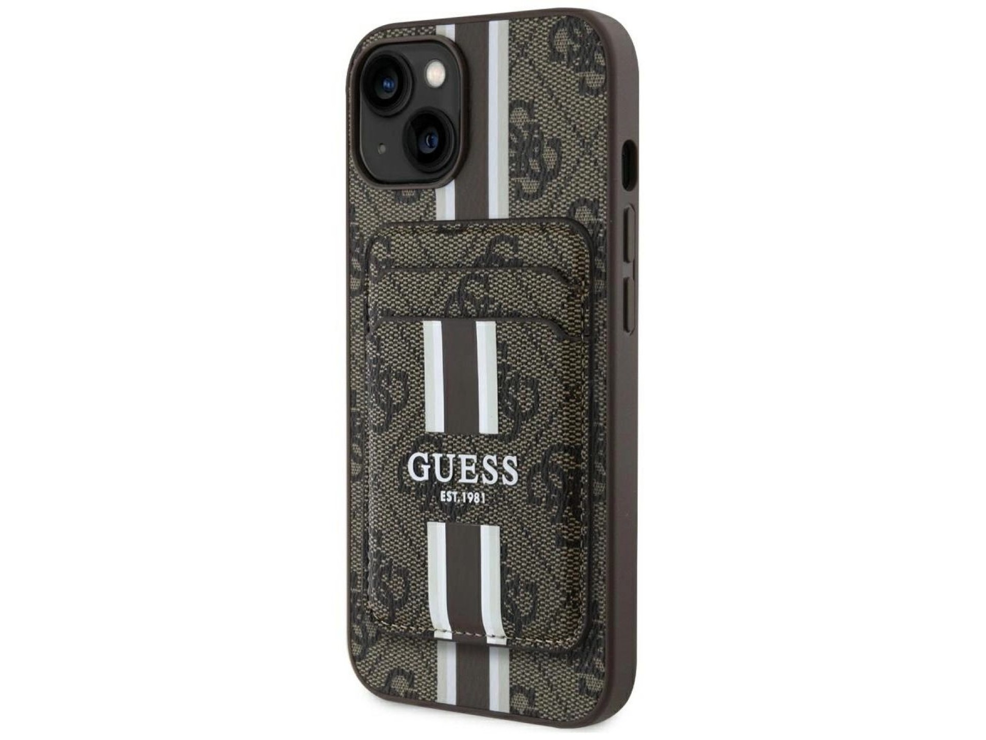 Capa Guess 4G Stripes com carteira Magsafe para iPhone 15 marrom