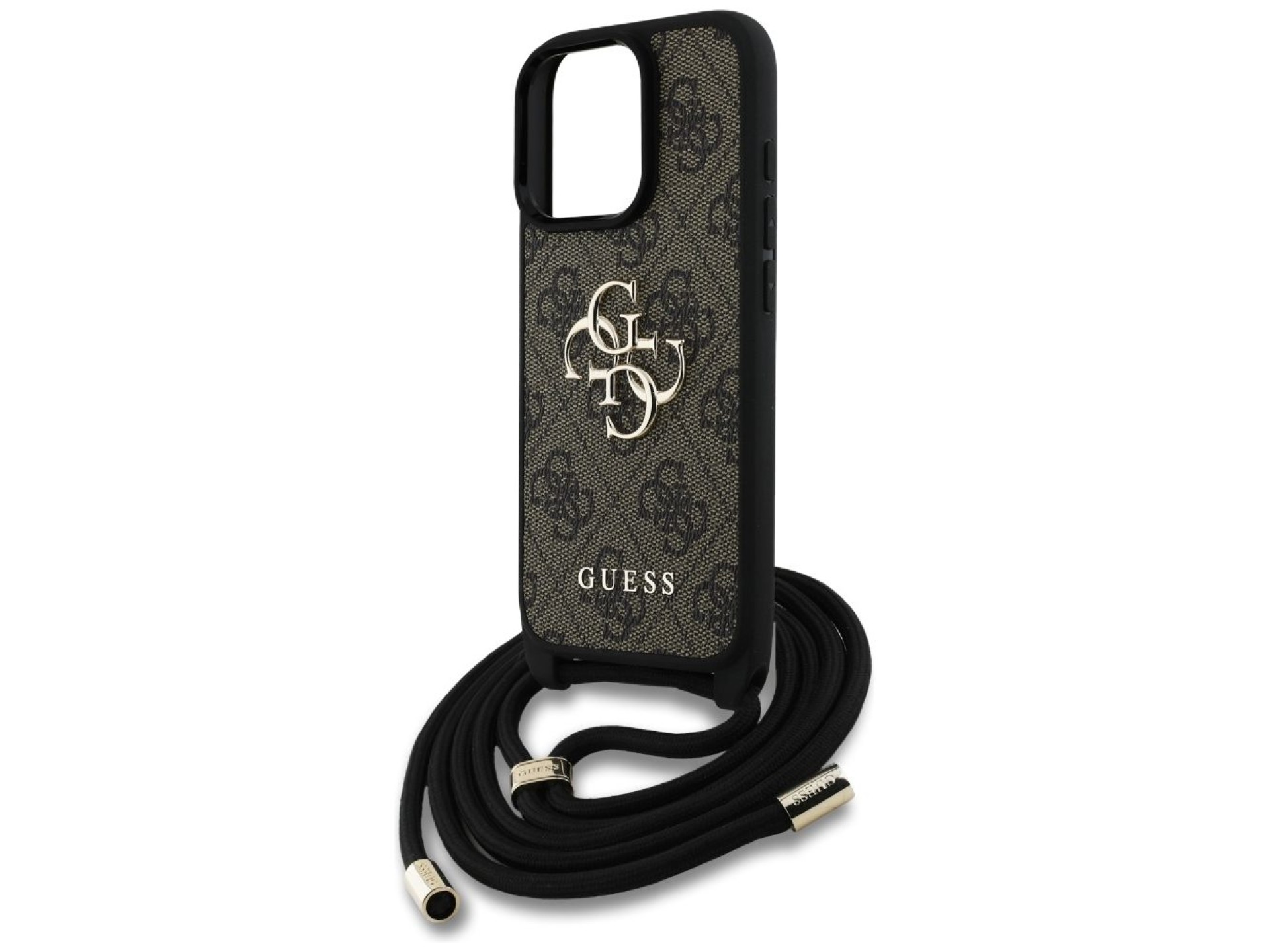Capa transversal Guess 4G com logo grande e alça de cordão para iPhone 16 Pro Max, marrom.