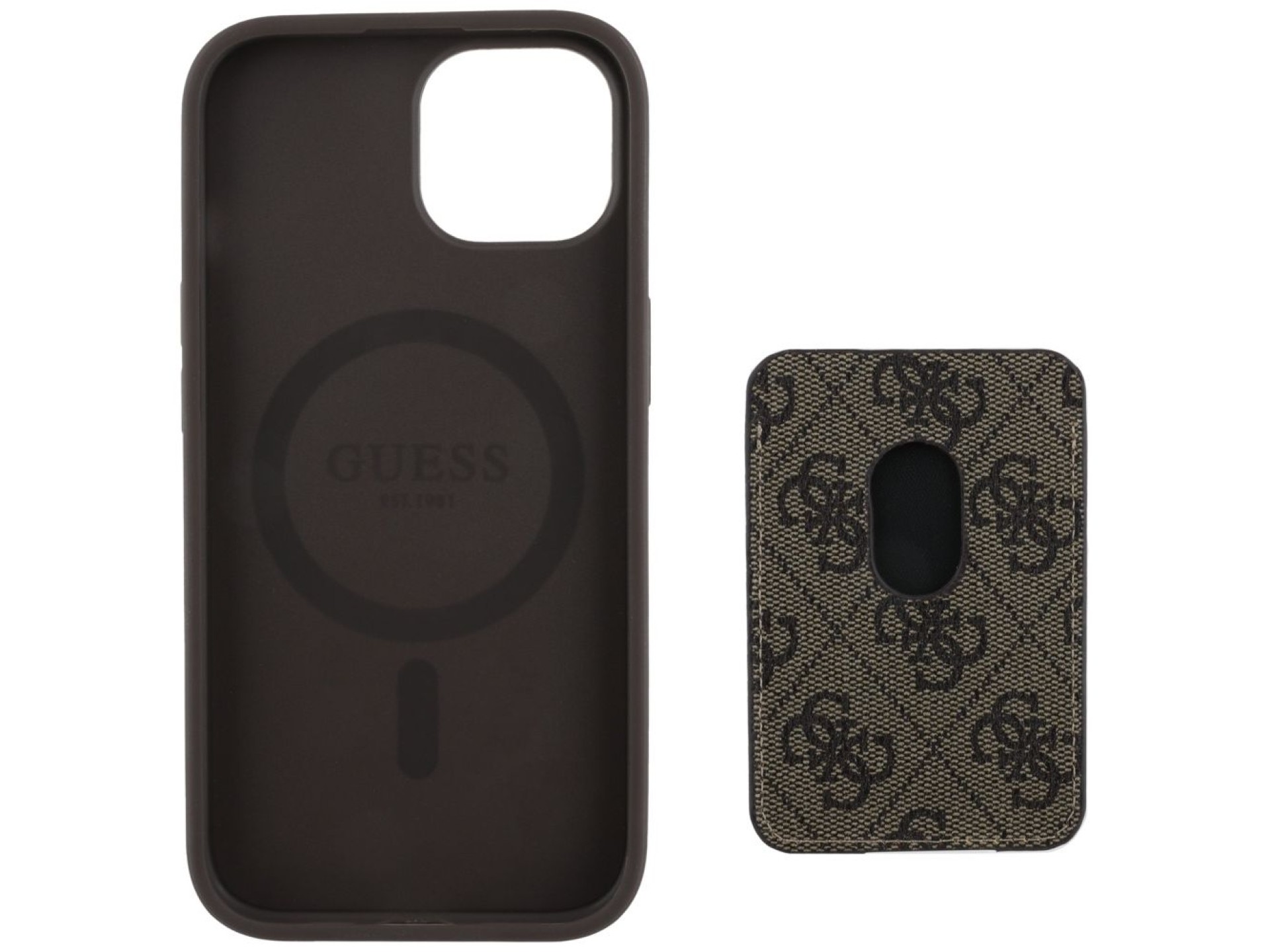 Capa Guess 4G Stripes com carteira Magsafe para iPhone 15 marrom