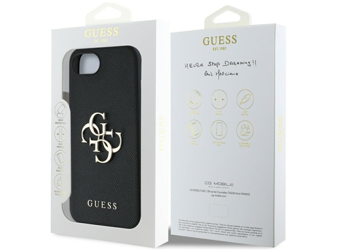 Funda Guess PU Grained 4G con logo metálico para iPhone 16e - negra