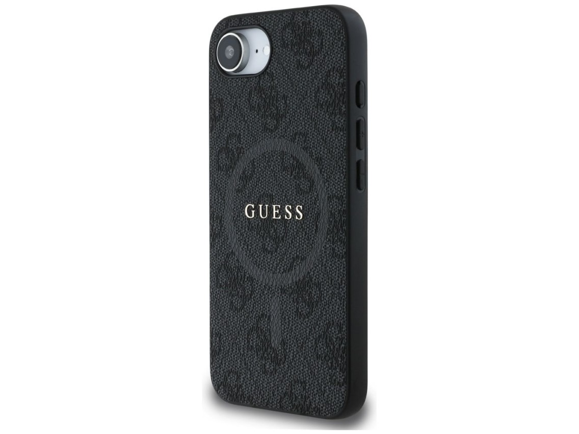 Capa Guess em couro PU 4G com anel colorido e MagSafe para iPhone 16e - Preta