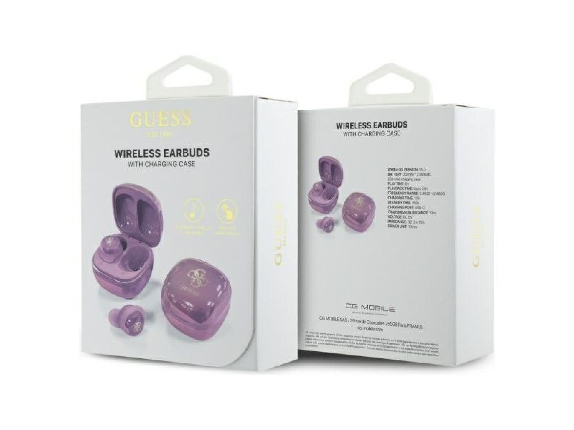 Fones de ouvido Bluetooth TWS Guess 4G com logotipo impresso + base de carregamento - Roxo