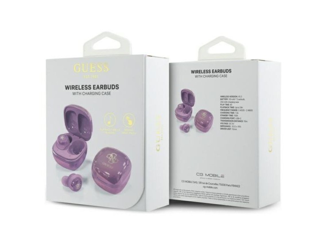 Fones de ouvido Bluetooth TWS Guess 4G com logotipo impresso + base de carregamento - Roxo