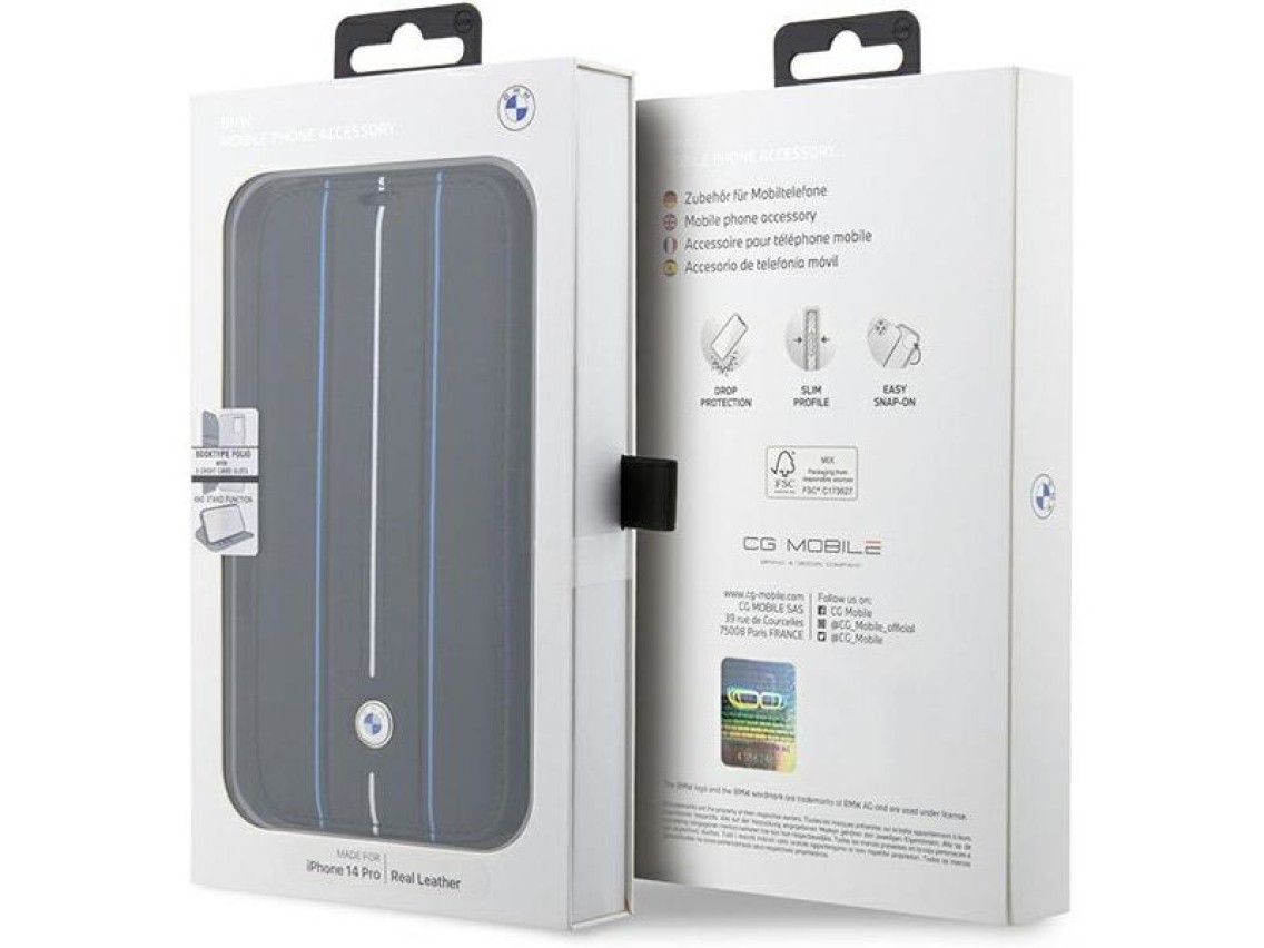 Case BMW BMBKP14L22RVSK iPhone 14 Pro 6.1" black/black bookcase Leather Stamp Blue Lines