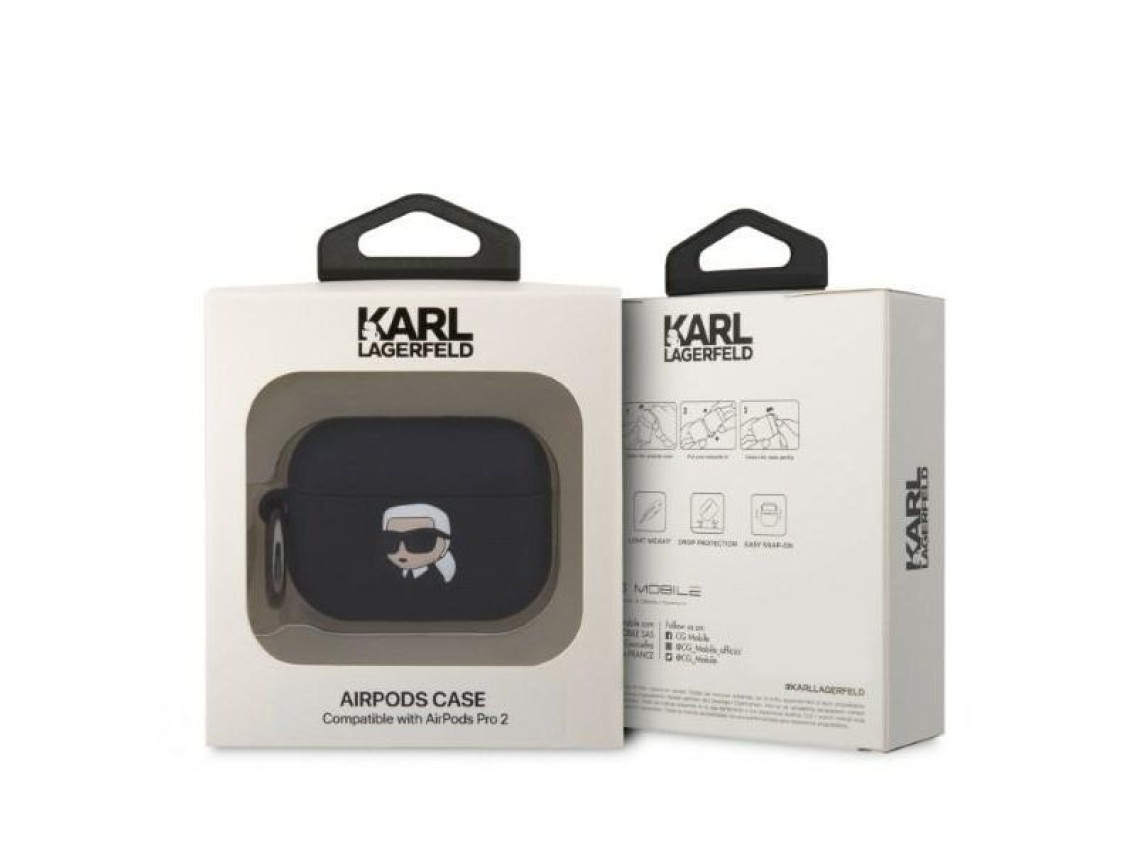 Capa para AirPods Pro 2 Karl Lagerfeld KLAP2RUNIKK preta/preta em silicone com a cabe�a de Karl em 3