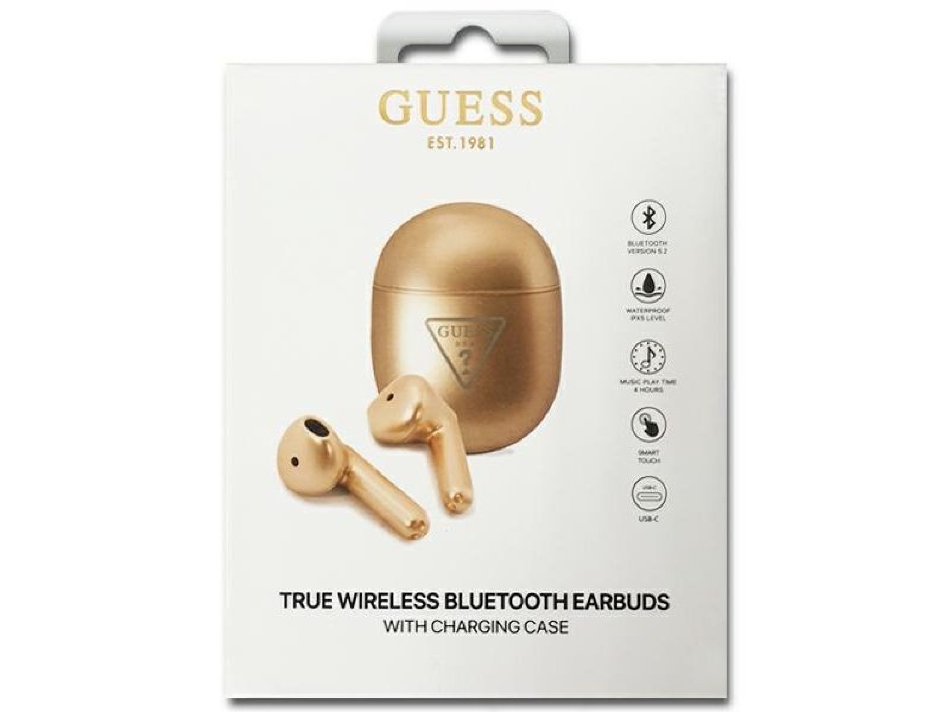 Fones de ouvido sem fio Bluetooth TWS Guess com logo triangular - Dourado