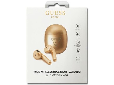 Fones de ouvido sem fio Bluetooth TWS Guess com logo triangular - Dourado