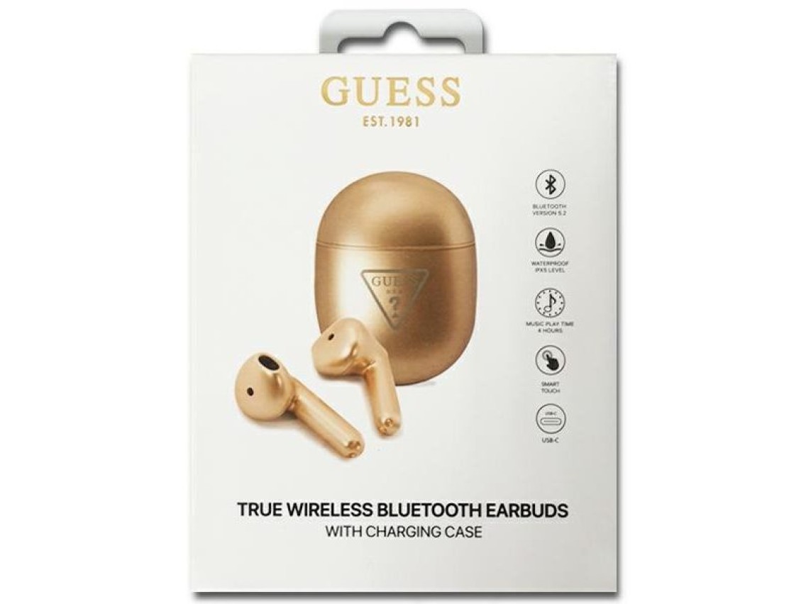 Fones de ouvido sem fio Bluetooth TWS Guess com logo triangular - Dourado