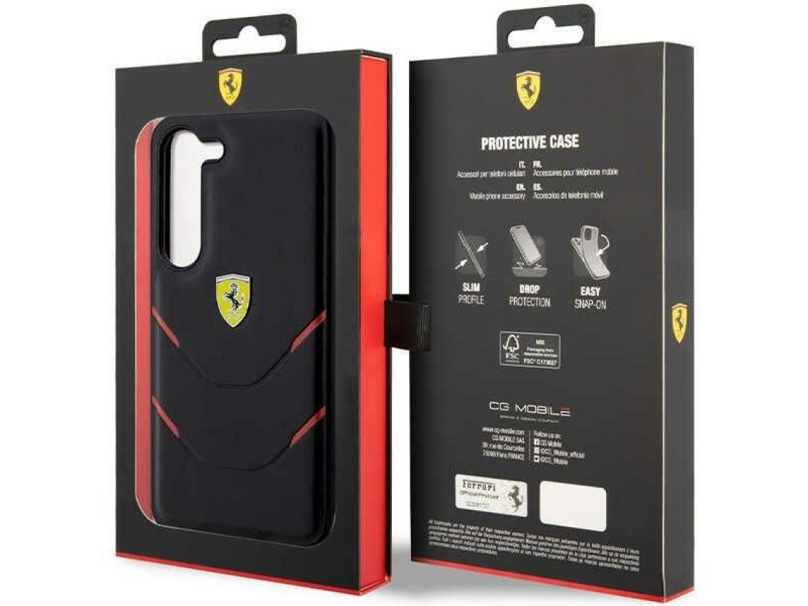 Estuche rígido Ferrari FEHCS23MPBAK S23+ S916 negro/negro con líneas de estampado en caliente