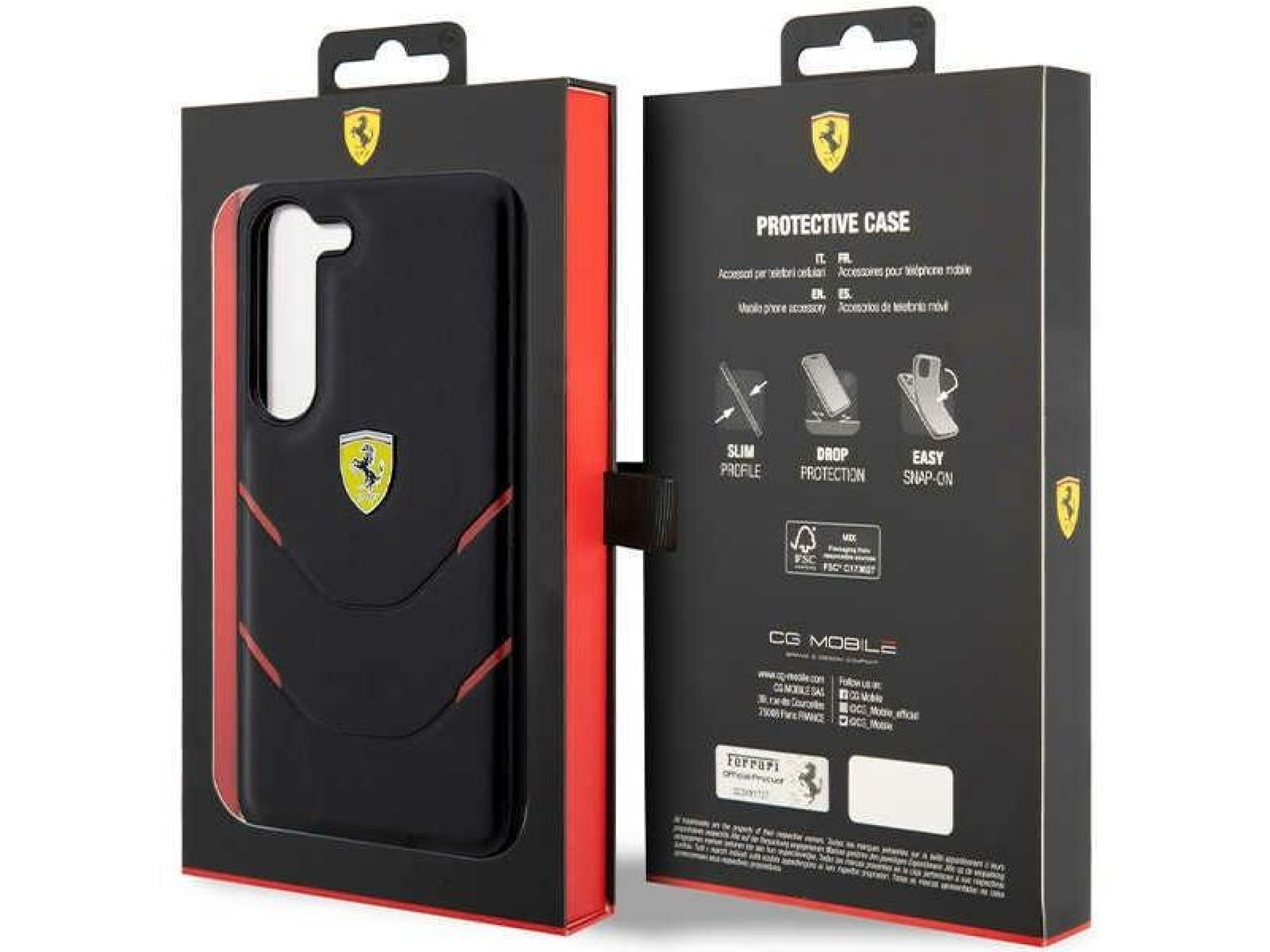 Estuche rígido Ferrari FEHCS23MPBAK S23+ S916 negro/negro con líneas de estampado en caliente