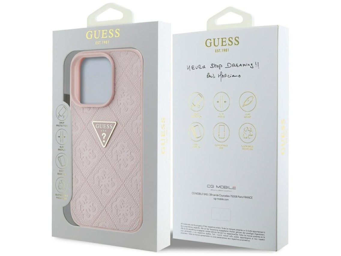 Guess Hot Stamp 4G Pattern Triangle Metal Logo iPhone 16 Pro Case - Pink