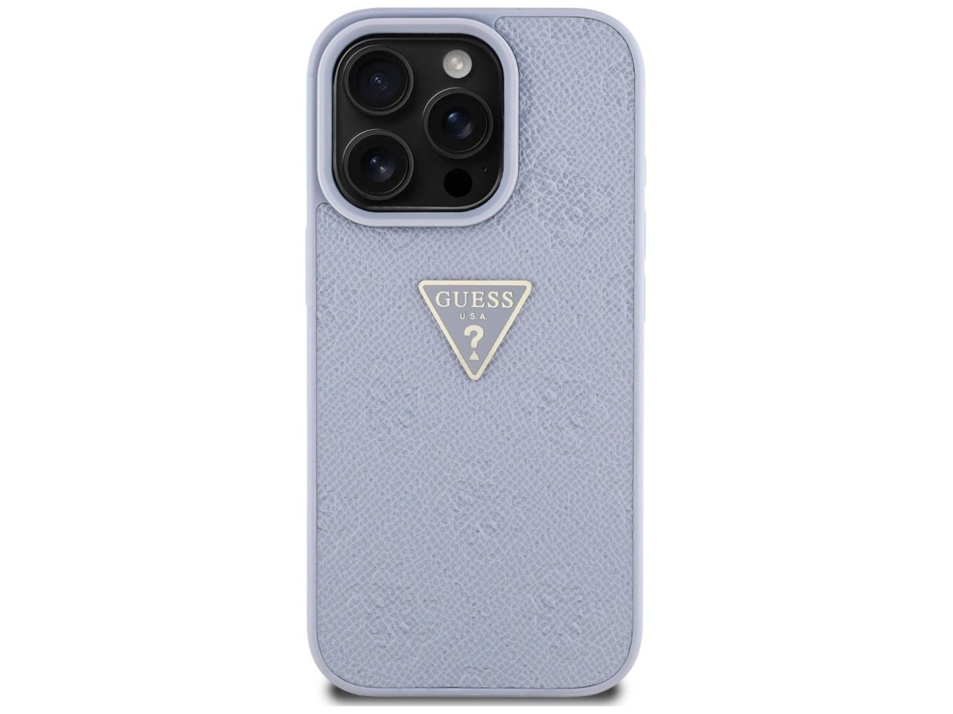 Capa Guess Hot Stamp 4G com padrão triangular e logotipo metálico para iPhone 16 Pro Max - Roxa