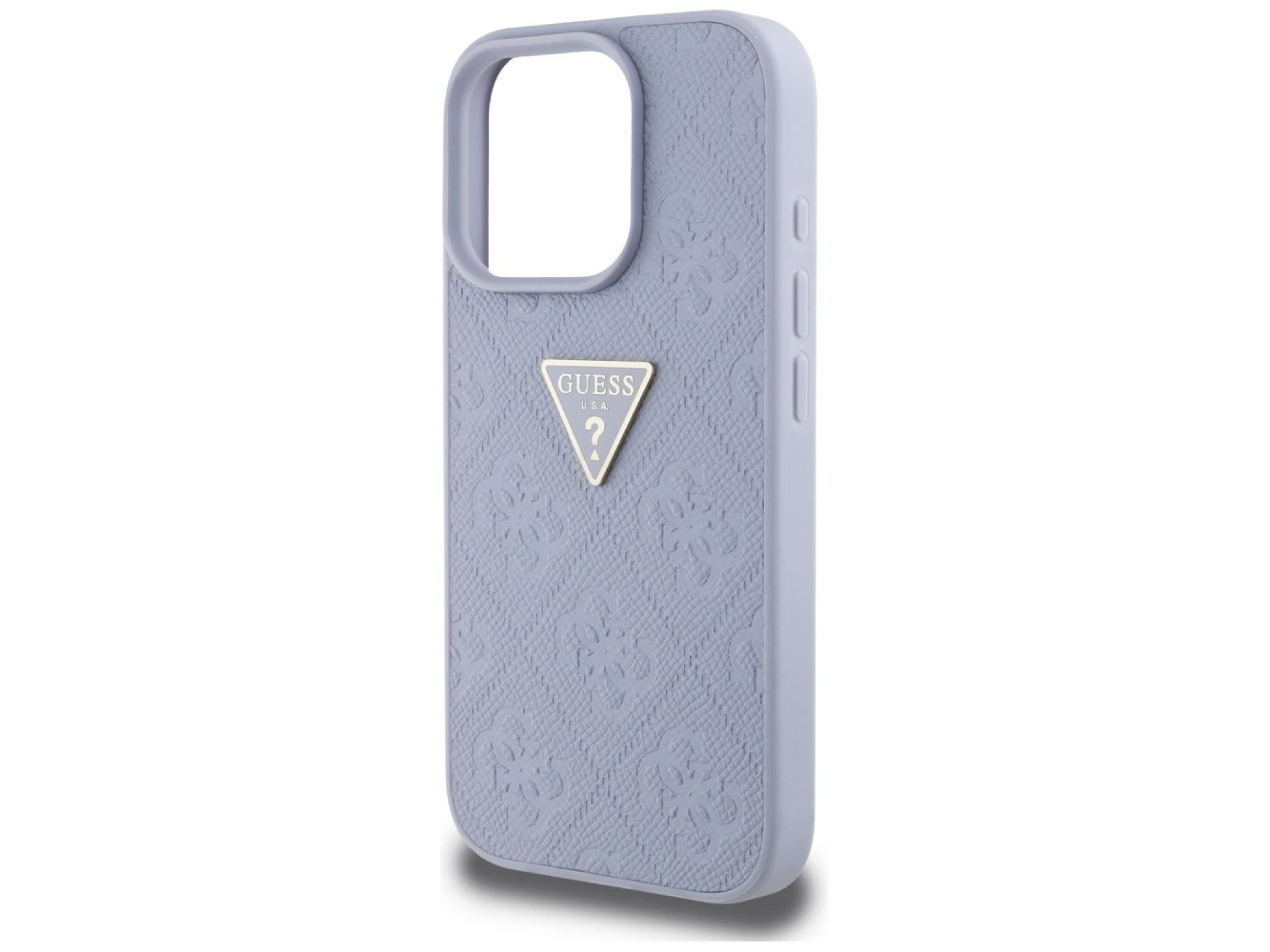Capa Guess Hot Stamp 4G com padrão triangular e logotipo metálico para iPhone 16 Pro Max - Roxa