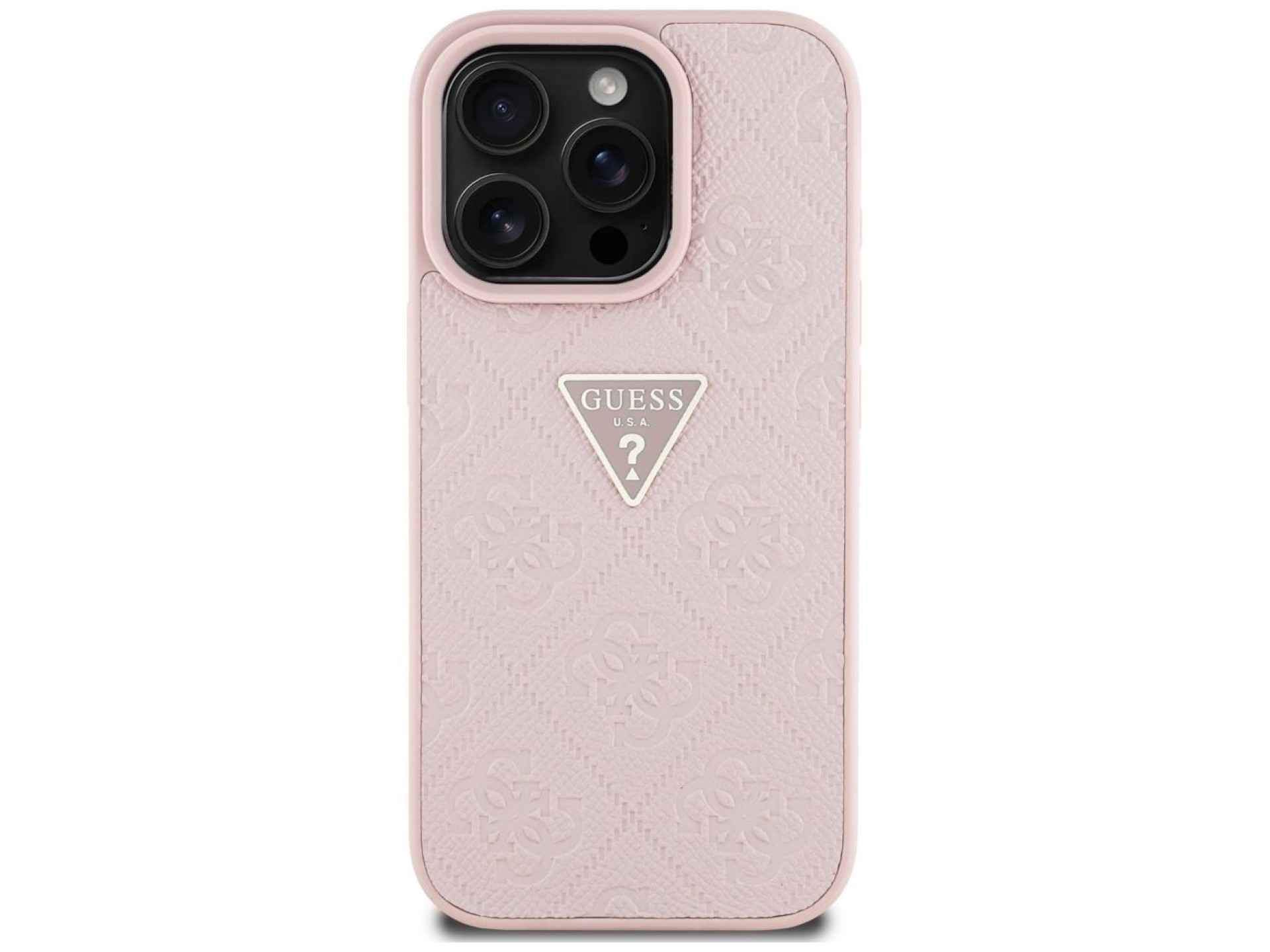 Guess Hot Stamp 4G Pattern Triangle Metal Logo iPhone 16 Pro Case - Pink
