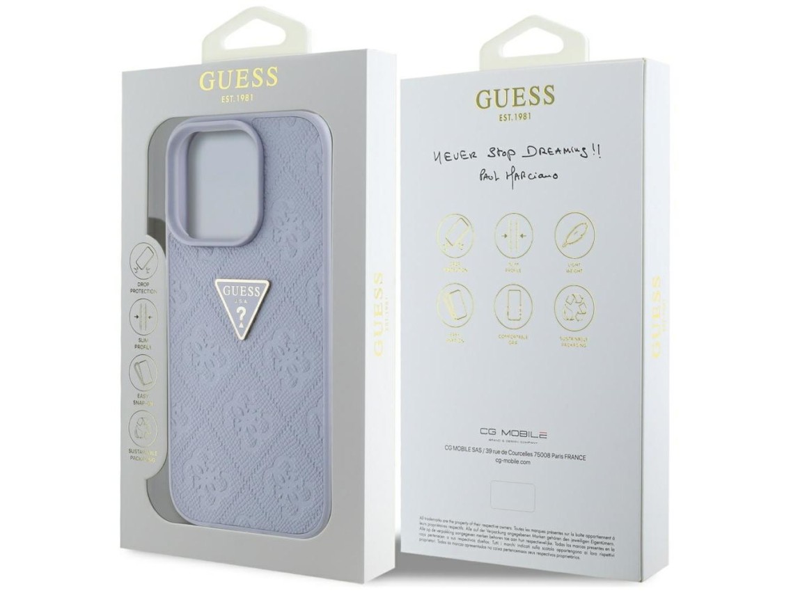 Capa Guess Hot Stamp 4G com padrão triangular e logotipo metálico para iPhone 16 Pro Max - Roxa