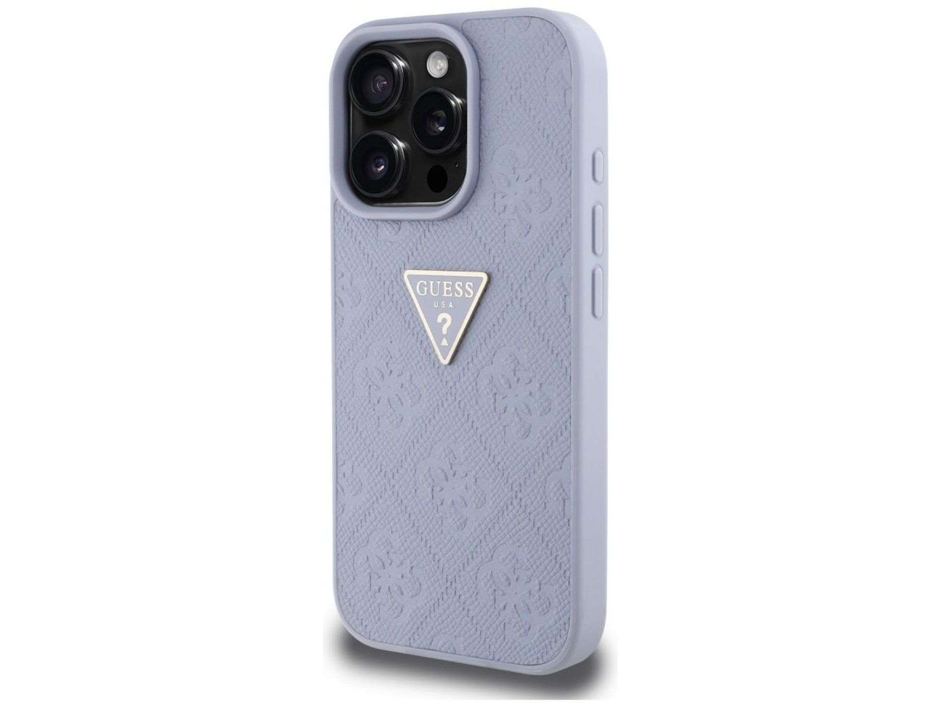Capa Guess Hot Stamp 4G com padrão triangular e logotipo metálico para iPhone 16 Pro Max - Roxa