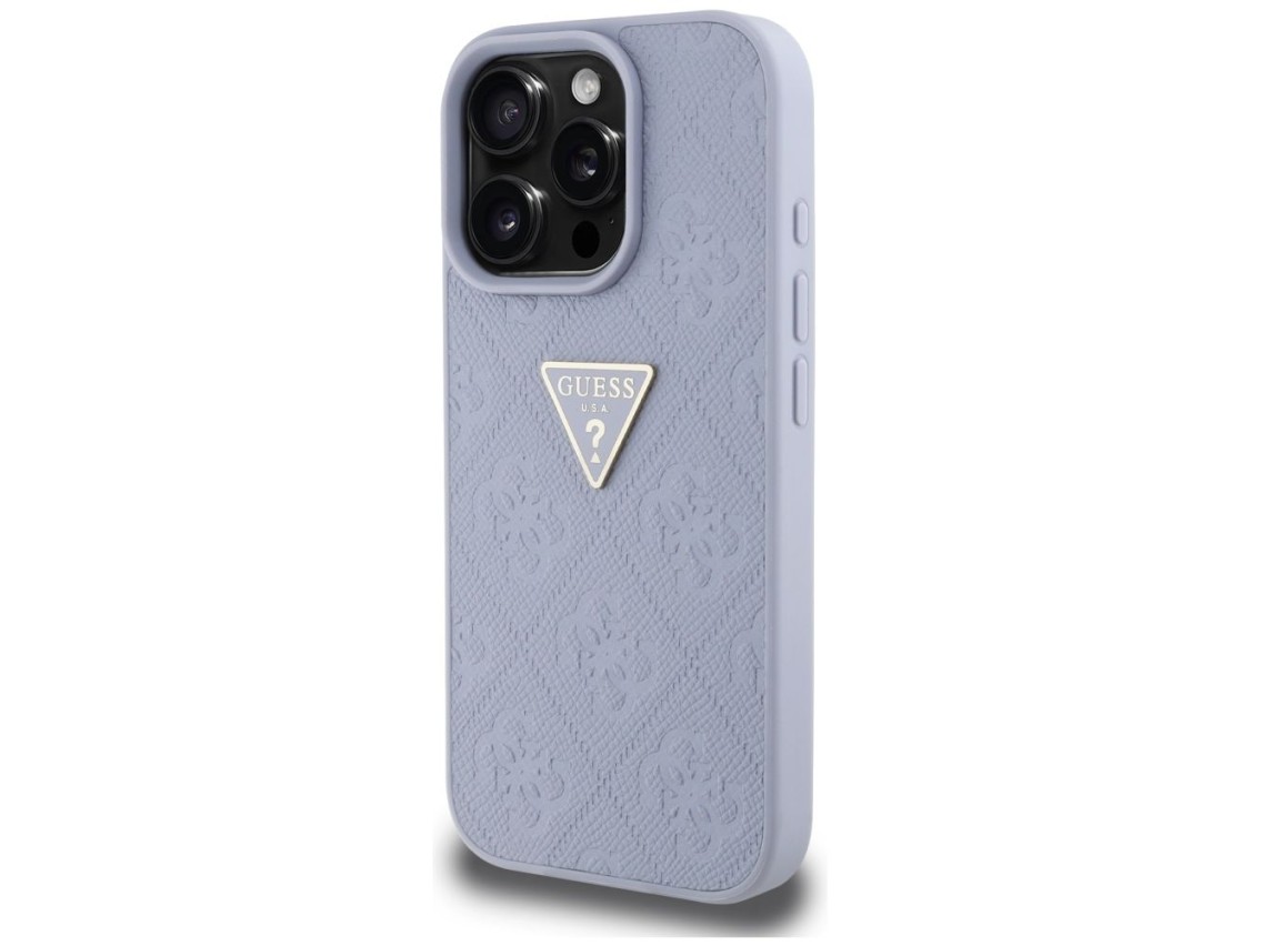 Capa Guess Hot Stamp 4G com padrão triangular e logotipo metálico para iPhone 16 Pro Max - Roxa