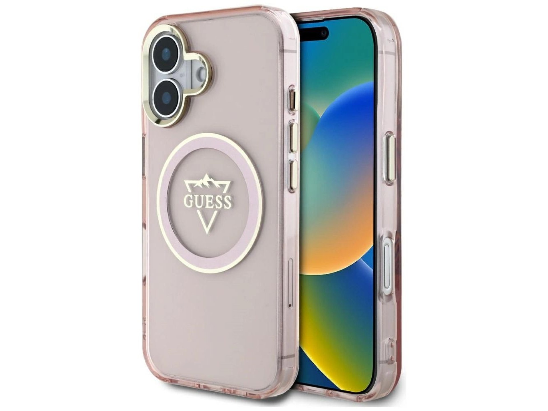 Funda Guess IML Metal Mountain Logo MagSafe para iPhone 16 - Rosa